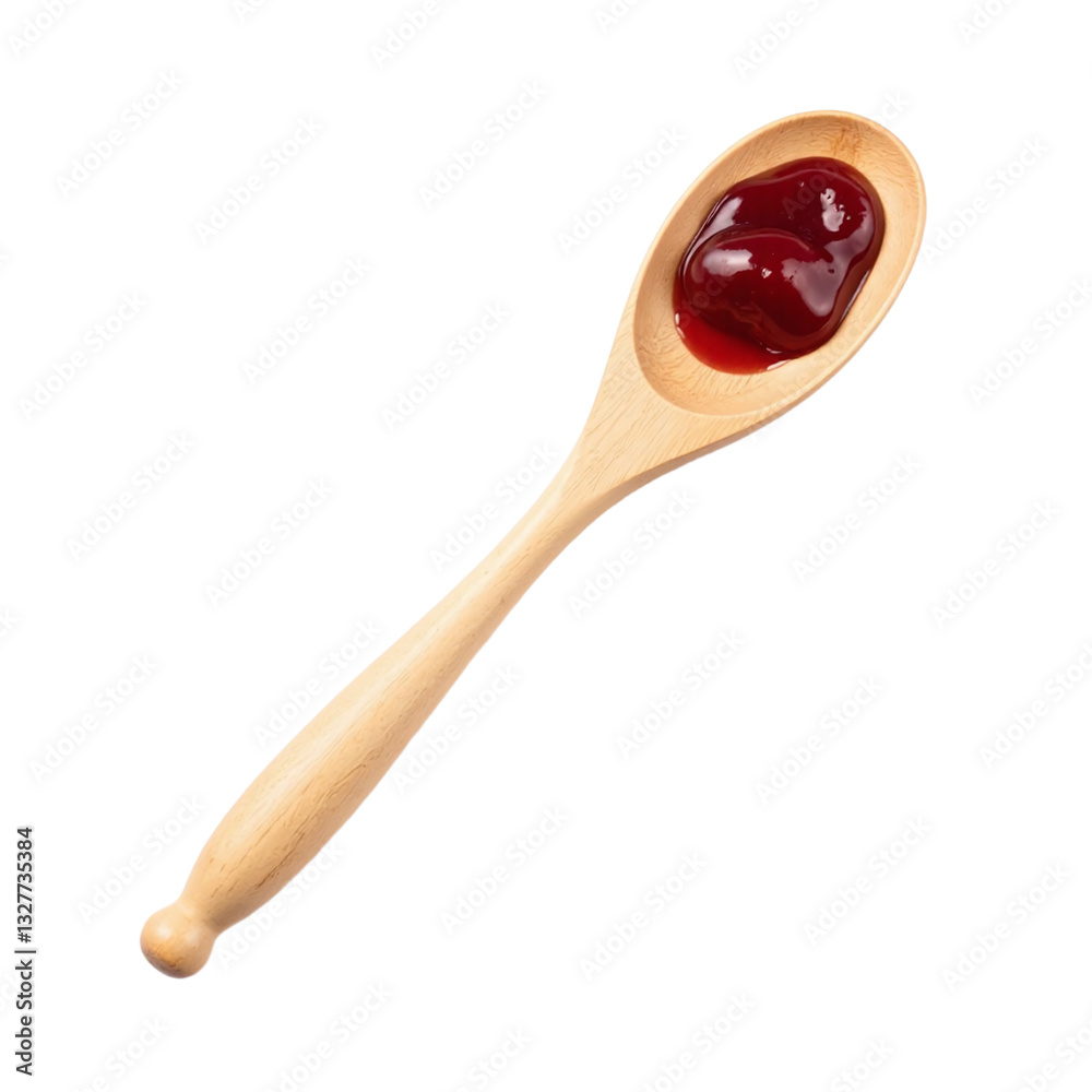 Close-up image of a wooden spoon with a spoonful of glossy red cherry sauce. Perfect for food blogs, recipe sites, and cookbooks. Close-up image of a wooden spoon with a spoonful of glossy red cherry sauce. Perfect for food blogs, recipe sites, and cookbooks.