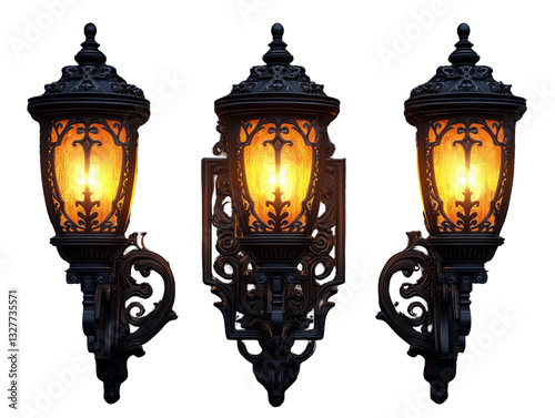 Wallpaper Mural Old Vintage street lamps with gothic lanterns, ornate black metal fixtures, glowing amber light, atmospheric illumination, PNG file isolated on transparent background cut out, clipping path, Torontodigital.ca