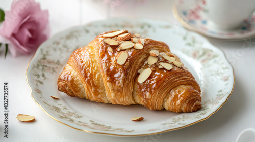 A side-angle shot of a freshly baked croissant covered in almond slices and sweet caramel glaze, placed on a pastel plate atop a white table. Food concept photography with clipping path included