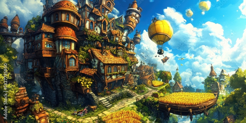 Obraz premium An imaginative village nestled in a vibrant landscape with balloons overhead