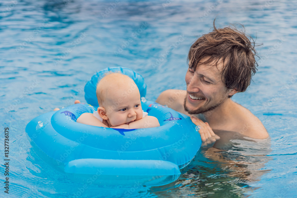 A father enjoys swimming in a pool with his son infant, who is safely placed in an inflatable baby float. Fun family bonding, summer relaxation, and parenting concept
