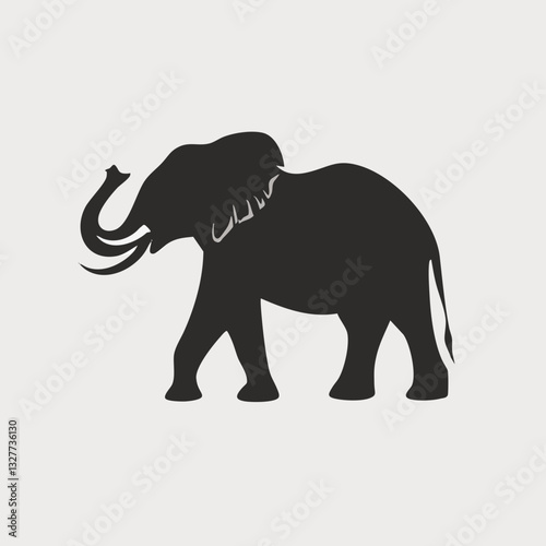 Elephant silhouette, minimalist design, black and white, side view, trunk raised, iconic shape, simple graphic