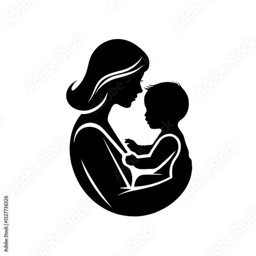 Gentle Mother and Child Silhouette in Black and White