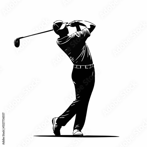golf player silhouette, dynamic swing pose, black and white illustration, minimalist design, sports icon, clean lines