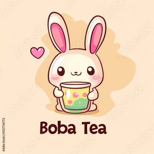 A cute white rabbit with pink ears holds a cup with a drink decorated with pink circles. Next to the rabbit, a small pink heart is drawn. Below, the phrase 