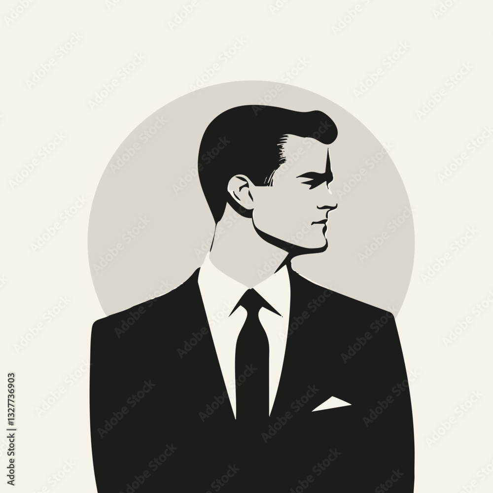 Icon, business person, professional, suit and tie, silhouette, black and white, minimalist design, avatar, profile picture, corporate identity, clean lines, simplified, vector graphic