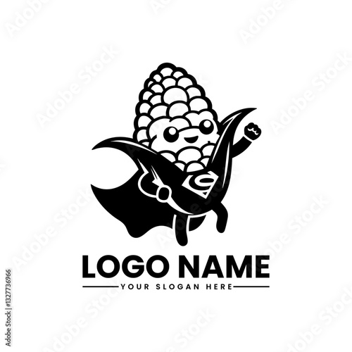 Adorable corn superhero mascot with a cape and shield, fun cartoon character design for food branding and marketing