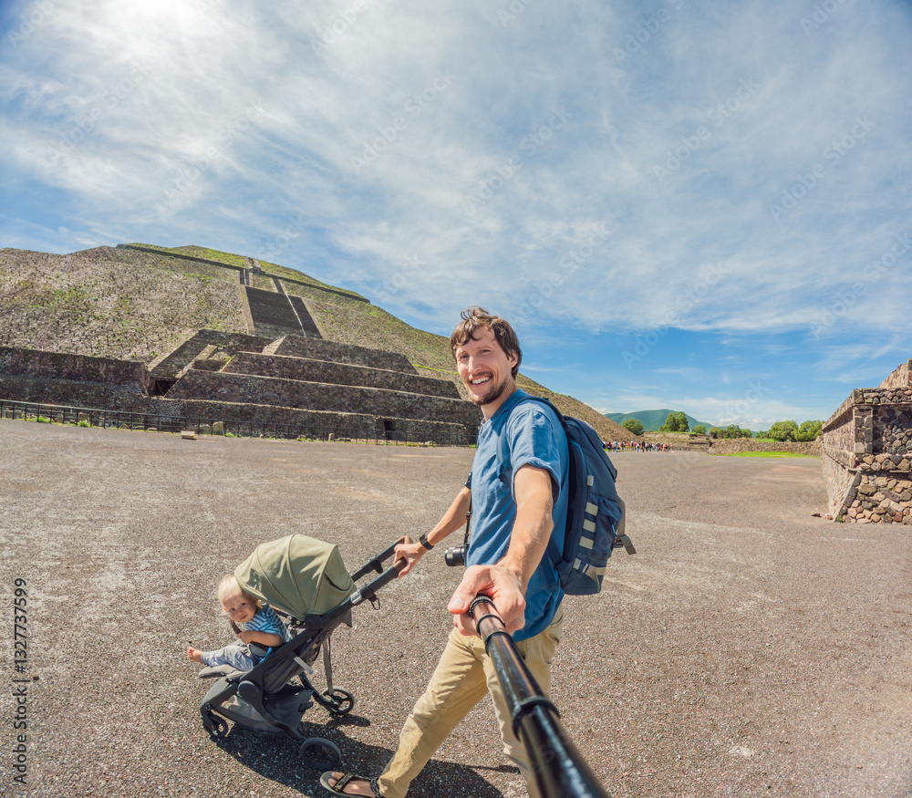 Dad and his son tourists exploring Teotihuacan, Mexico. Solo traveler walking through ancient pyramids and ruins at sunrise. Concept of cultural heritage, archaeology, and Mexican tourism
