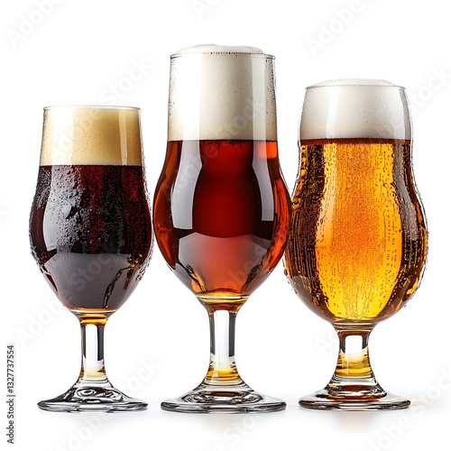 Konstfotografi Three glasses of beer with different varieties and toppings isolated on white ba