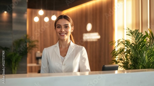 Smiling Receptionist in Modern Reception Area