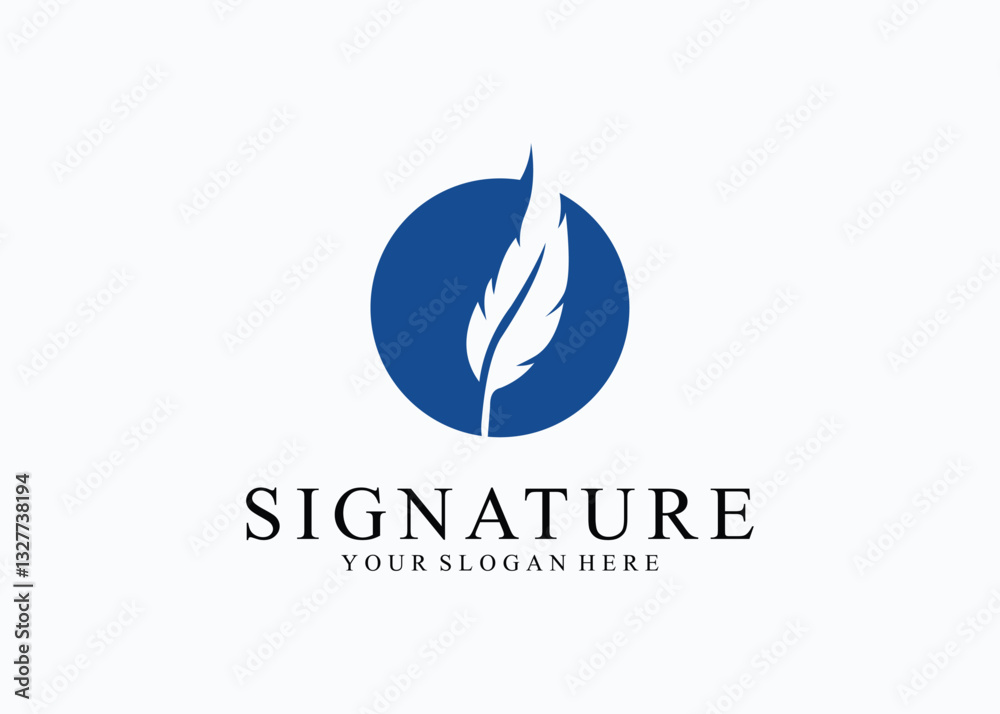 quill signature logo design. Minimalist feather ink logo template on white background quill signature logo design. Minimalist feather ink logo template on white background