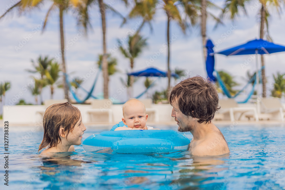 A father enjoys swimming in a pool with his son and infant, who is safely placed in an inflatable baby float. Fun family bonding, summer relaxation, and parenting concept