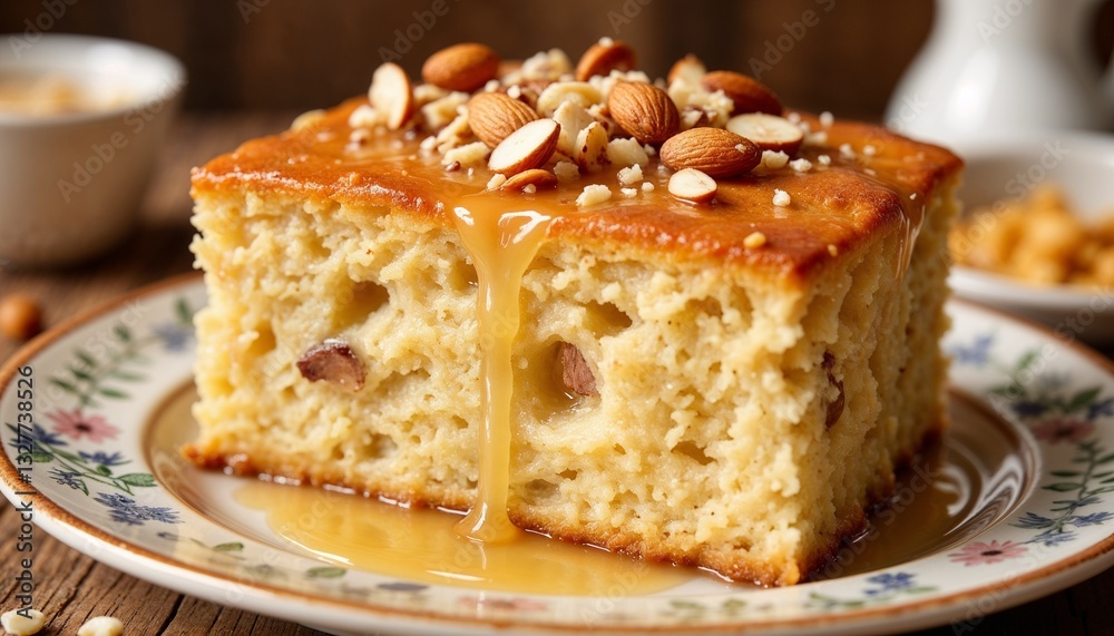 Moist almond honey cake with caramel glaze and nuts on vintage floral plate Moist almond honey cake with caramel glaze and nuts on vintage floral plate