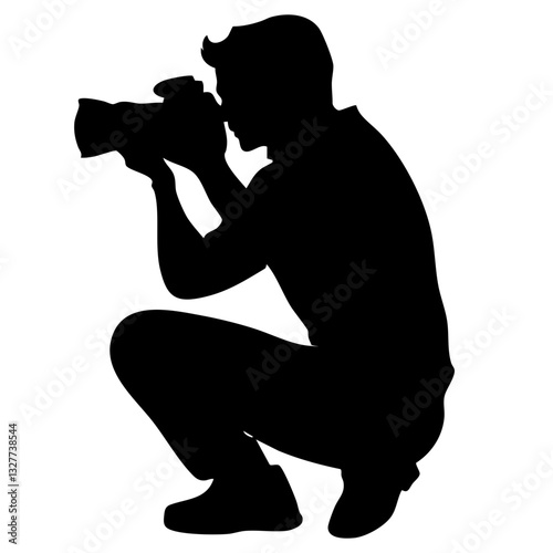 Minimalist icon, photographer silhouette, kneeling pose, taking photo, camera icon, black and white