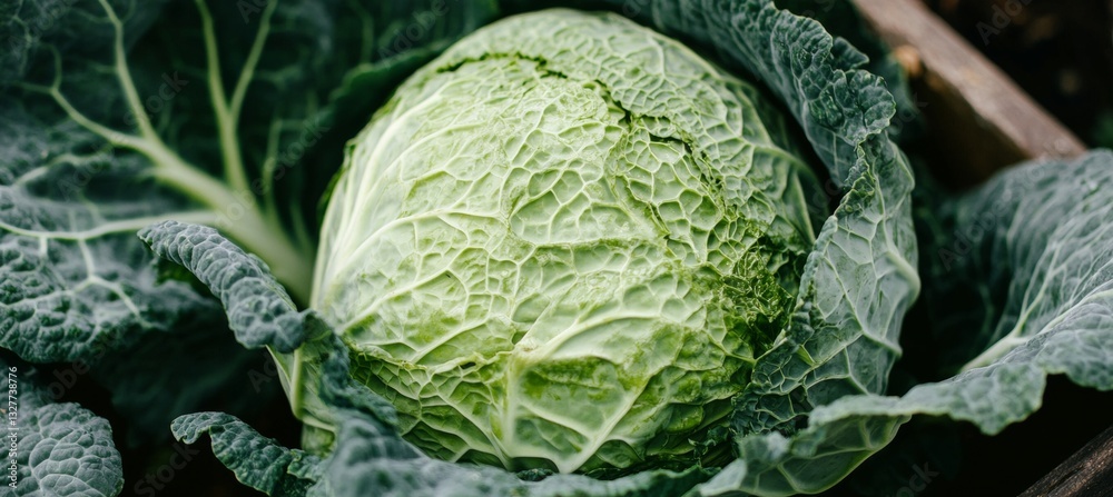 Fototapeta premium Fresh, Organic Savoy Cabbage Growing In The Garden A Close-Up Of A Head Of Green Cabbage