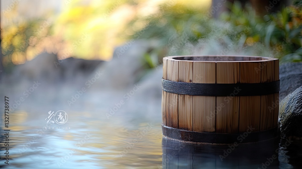 A close-up of a traditional Japanese cedar wood water bucket sitting near a hot spring A close-up of a traditional Japanese cedar wood water bucket sitting near a hot spring