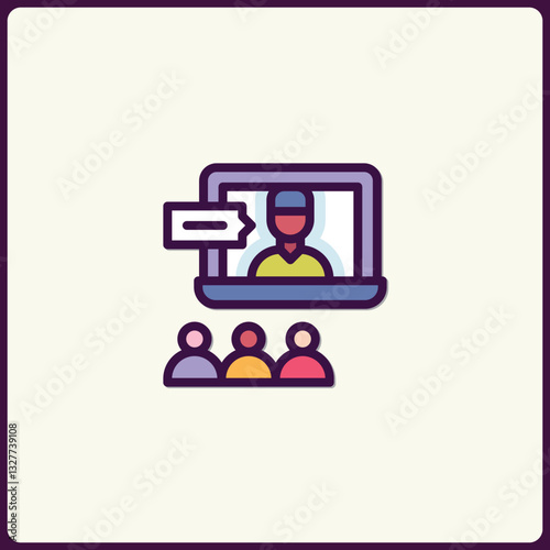 Conference on screen, three spectators below, vector virtual meeting concept