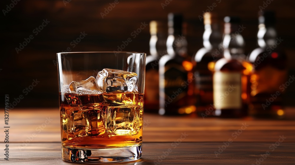 Whiskey on the Rocks A Glass of Amber Spirit Awaits Amidst a Collection of Fine Bottles