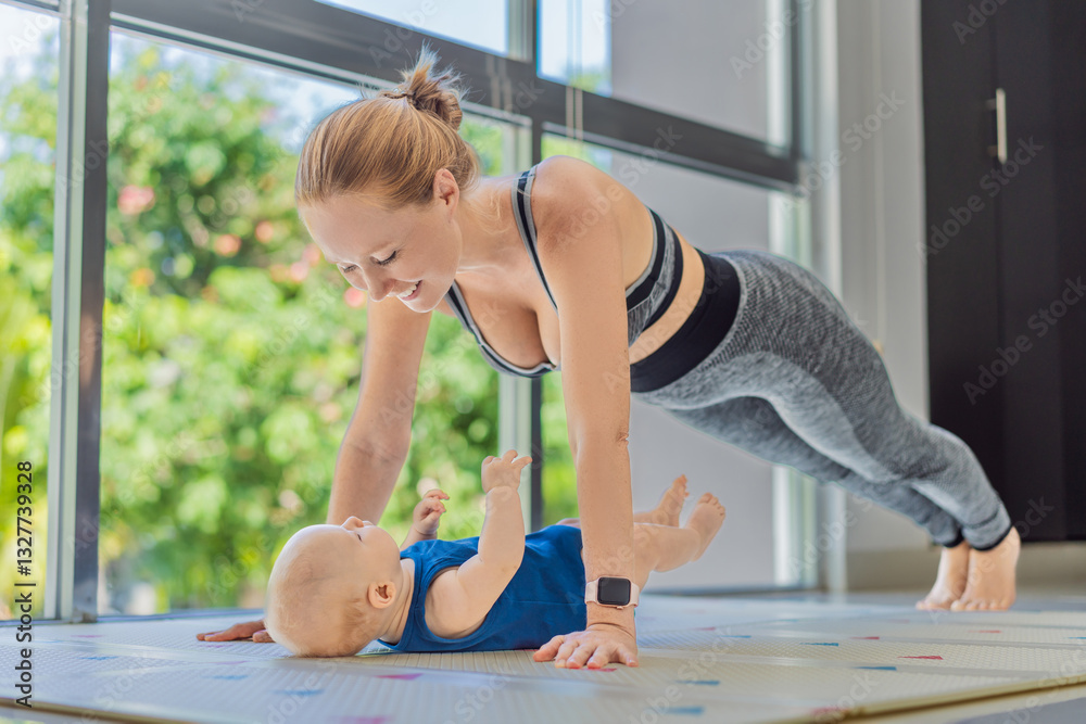 A mother works out with her 3-month-old baby, incorporating fitness and bonding into a joyful routine. A heartwarming moment of parenting, love, and a healthy lifestyle. Family, care, and active