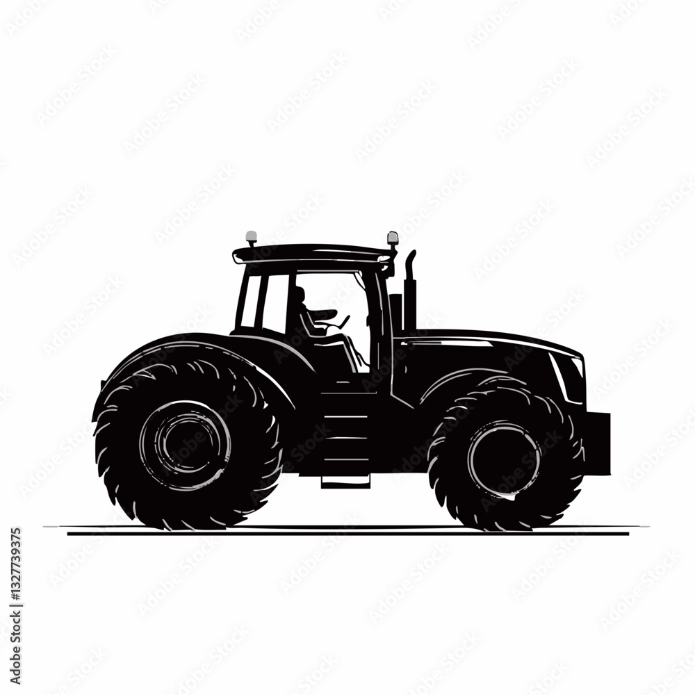 Obraz premium Minimalist tractor icon, black silhouette, side view, large tires, agricultural machinery, simple design, bold lines
