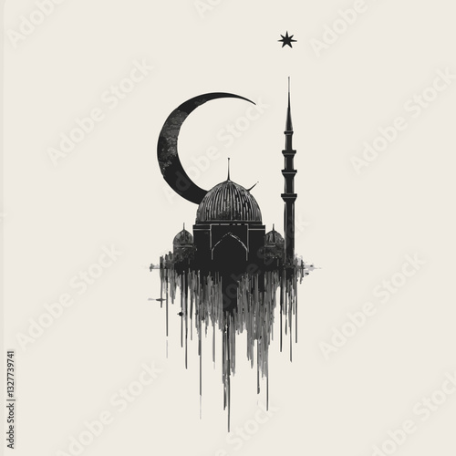 mosque silhouette, Islamic architecture, crescent moon and star, minaret, dome, black and white