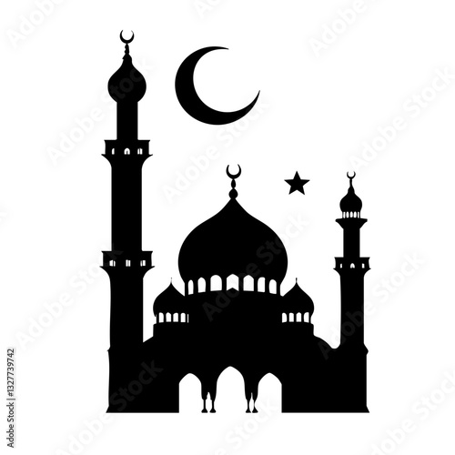 mosque silhouette, Islamic architecture, crescent moon and star, minaret, dome, black and white, minimalist design, vector graphic
