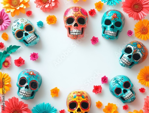 Festive Day of the Dead frame with colorful sugar skulls and floral decorations