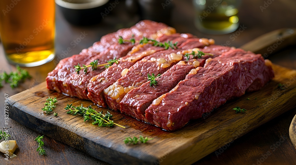 Rustic corned beef served with beer on a wooden board invitingly displayed for a cozy dining experience Rustic corned beef served with beer on a wooden board invitingly displayed for a cozy dining experience