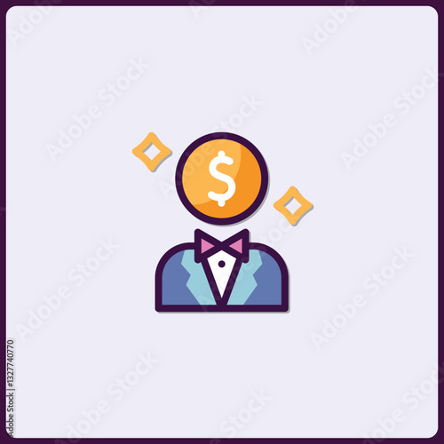 Stylish money minded character with dollar symbol head, isolated flat icon