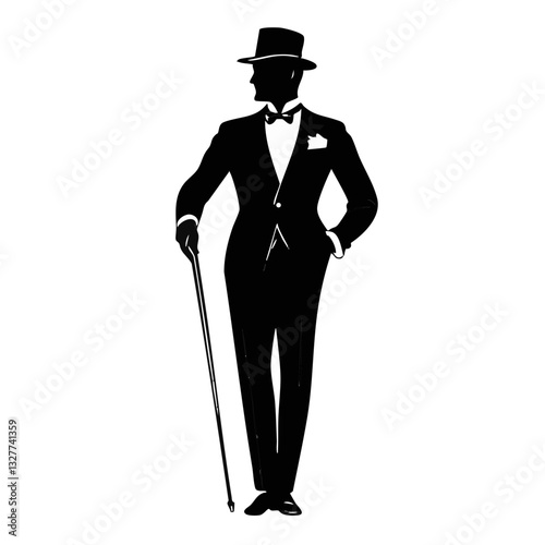 Silhouette, dapper gentleman, bowler hat, bow tie, formal suit, cane, elegant pose, tipping hat gesture, vintage style, classic fashion, black and white