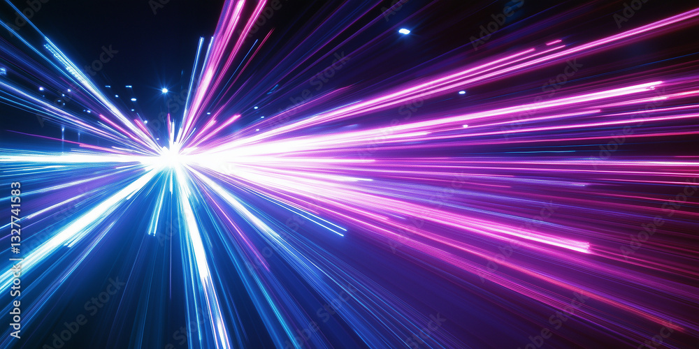 Fototapeta premium Light-speed motion with glowing pink and blue streaks, futuristic sci-fi energy burst background