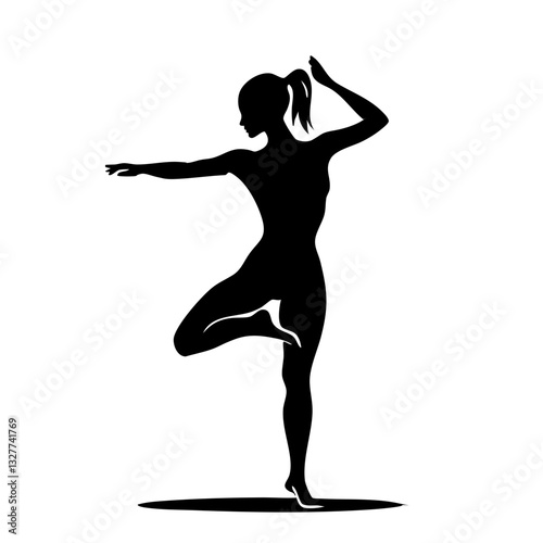Silhouette, female figure, athletic pose, ponytail, dynamic movement, black and white