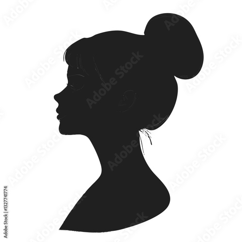 silhouette, female profile, elegant, hair bun, minimalist, black and white, graphic design, vector art, clean lines, simple shape