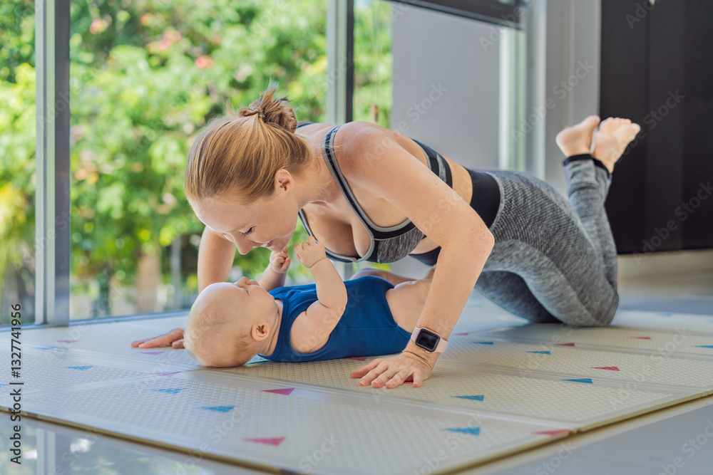 A mother works out with her 3-month-old baby, incorporating fitness and bonding into a joyful routine. A heartwarming moment of parenting, love, and a healthy lifestyle. Family, care, and active