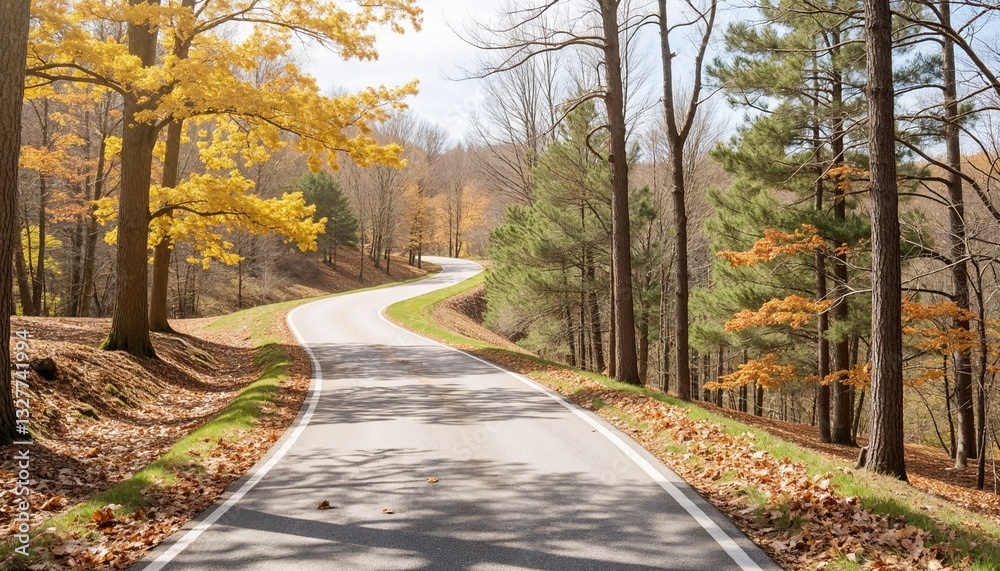 Fototapeta premium Winding country road through autumn forest with colorful fall foliage.