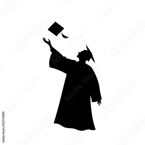 Silhouette, graduate, throwing graduation cap, achievement, celebration, diploma in hand, academic gown, triumphant pose, black and white