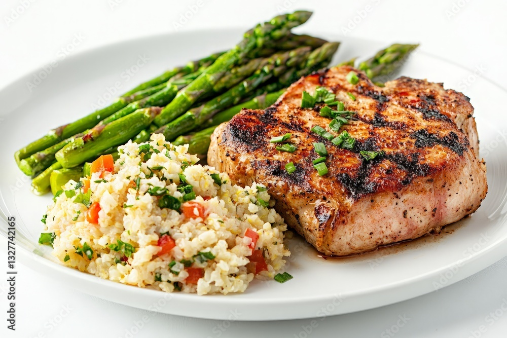 Grilled Pork Chop with Asparagus and Rice on a Plate - A Delicious Meal Ideal for Culinary Blogs, Recipe Cards, and Food Enthusiasts