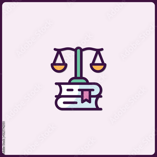 Stylized illustration of justice scales atop a book highlighting legal concept