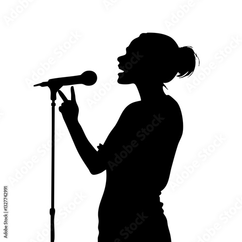 silhouette, person speaking, microphone, black and white, high contrast, profile view, gesturing hands, minimalist, graphic design