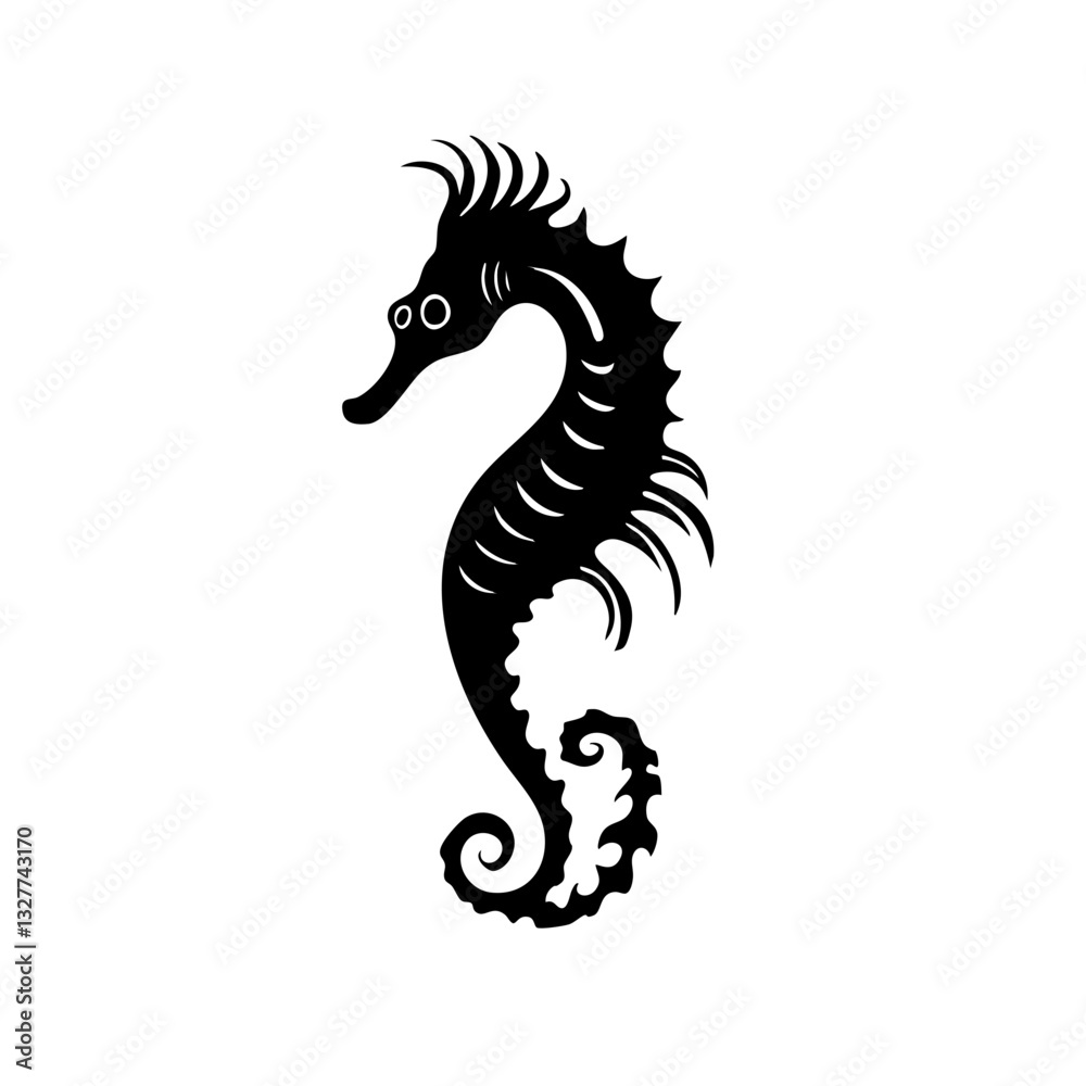 Fototapeta premium Black seahorse icon, marine animal silhouette, ocean creature graphic, sea life symbol