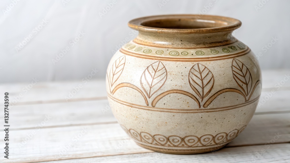 Ceramic Vase with Leaf Design on White Background Ceramic Vase with Leaf Design on White Background