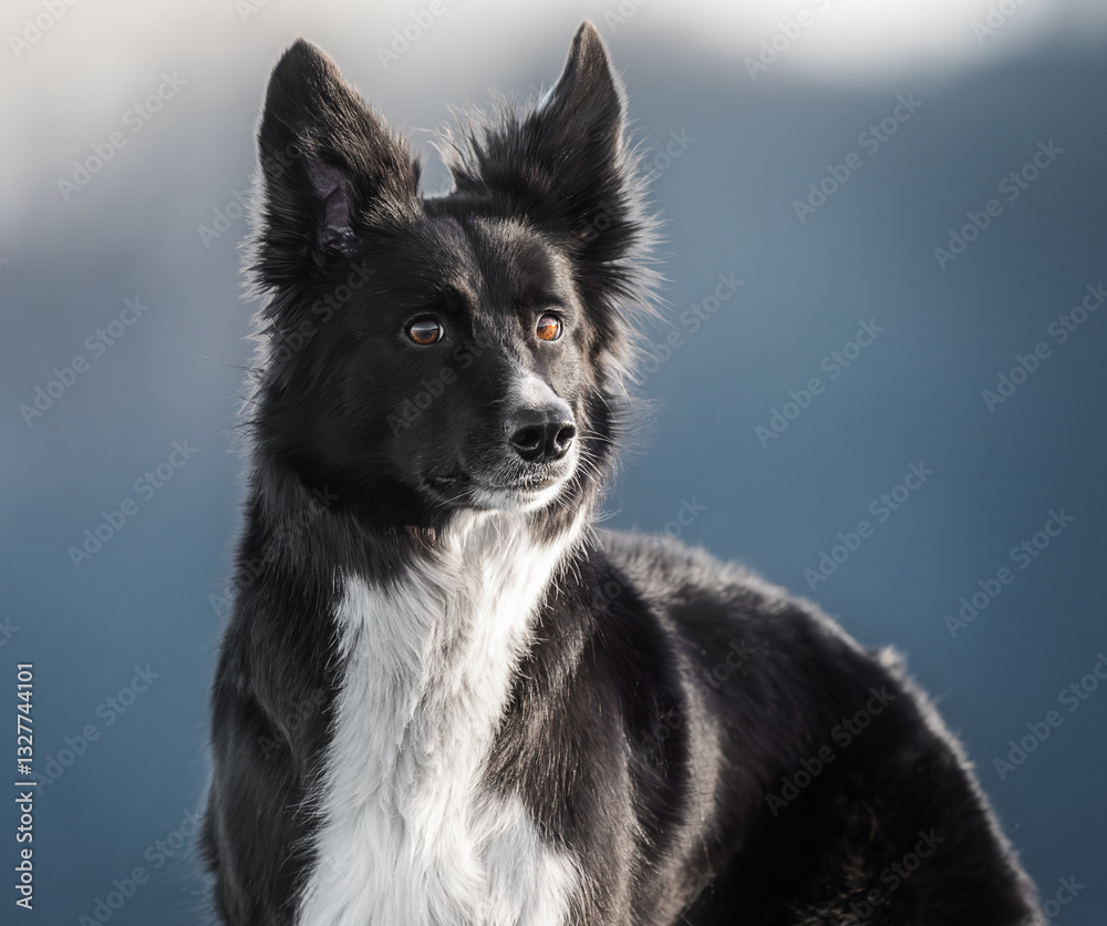 Black and white Border Collie portrait in snowy winter, capturing intelligence, beauty, and loyalty.