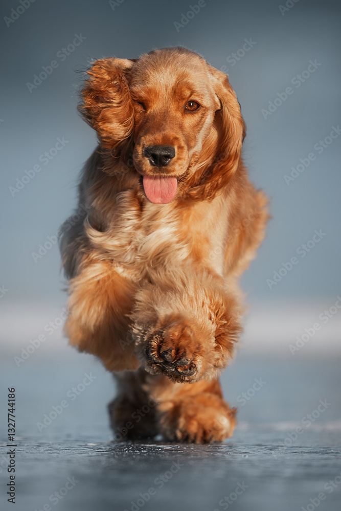 Happy red Cocker Spaniel puppy dashes across icy ground, enjoying a fun winter adventure.