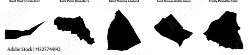 Saint Paul Charlestown, Saint Peter Basseterre, Saint Thomas Lowland, Saint Thomas Middle Island, Trinity Palmetto Point outline maps