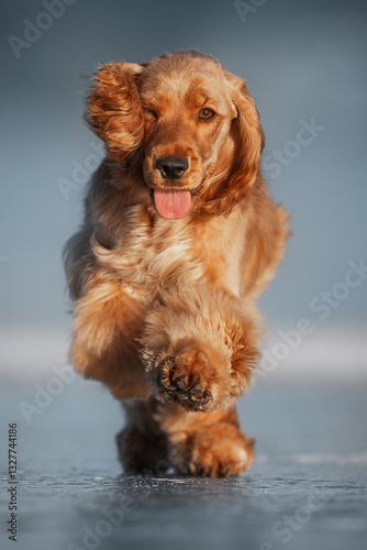 Obraz na płótnie Happy red Cocker Spaniel puppy dashes across icy ground, enjoying a fun winter adventure. w salonie