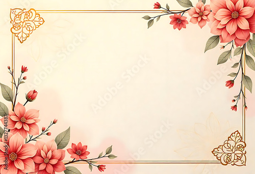 geometric frame of flowers and leaves with cream background