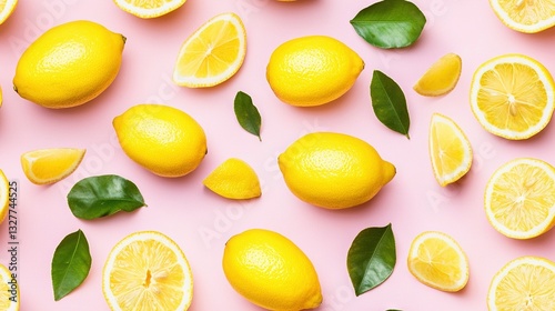 Wallpaper Mural   A group of lemons with green leaves on a pink background with a pastel pink background Torontodigital.ca