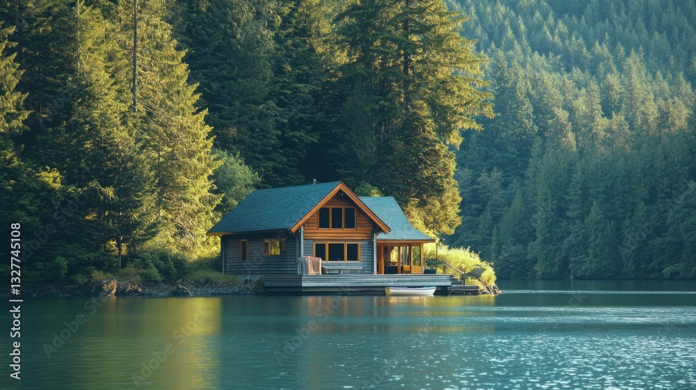 Fototapeta premium Quaint Boathouse by Picturesque Lake