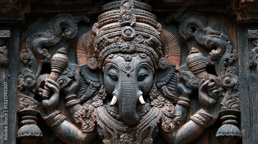 A detailed wooden carving of a deity with an elephant head A detailed wooden carving of a deity with an elephant head