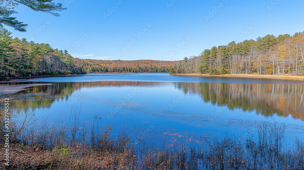 Obraz premium Scenic Autumn Landscape with Reflective Water Surfaces